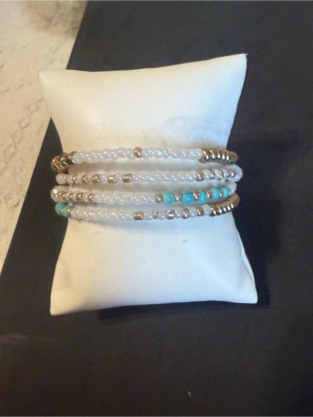 White and Turquoise Beaded Bracelet Coil  - Gold Accents